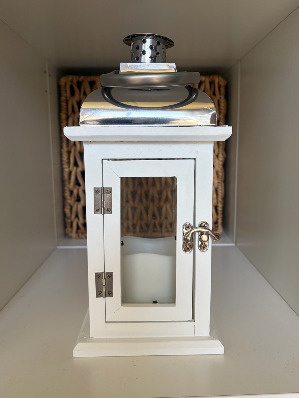 White Wood & Silver Metal Lantern with Flickering Candle